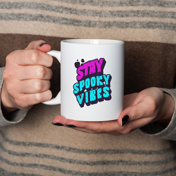 Stay Spooky Vibes – the perfect haunting mug for year-round Halloween lovers and coffee enthusiasts.