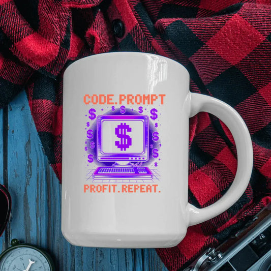 Custom print-on-demand mug with tech-themed “Code. Prompt. Profit. Repeat.” design, photographed on flannel to show personalized style.