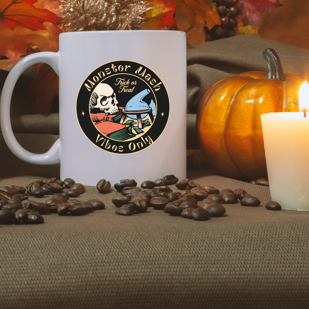 Monster Mash Vibes Only – the perfect festive mug for Halloween party lovers and coffee enthusiasts.