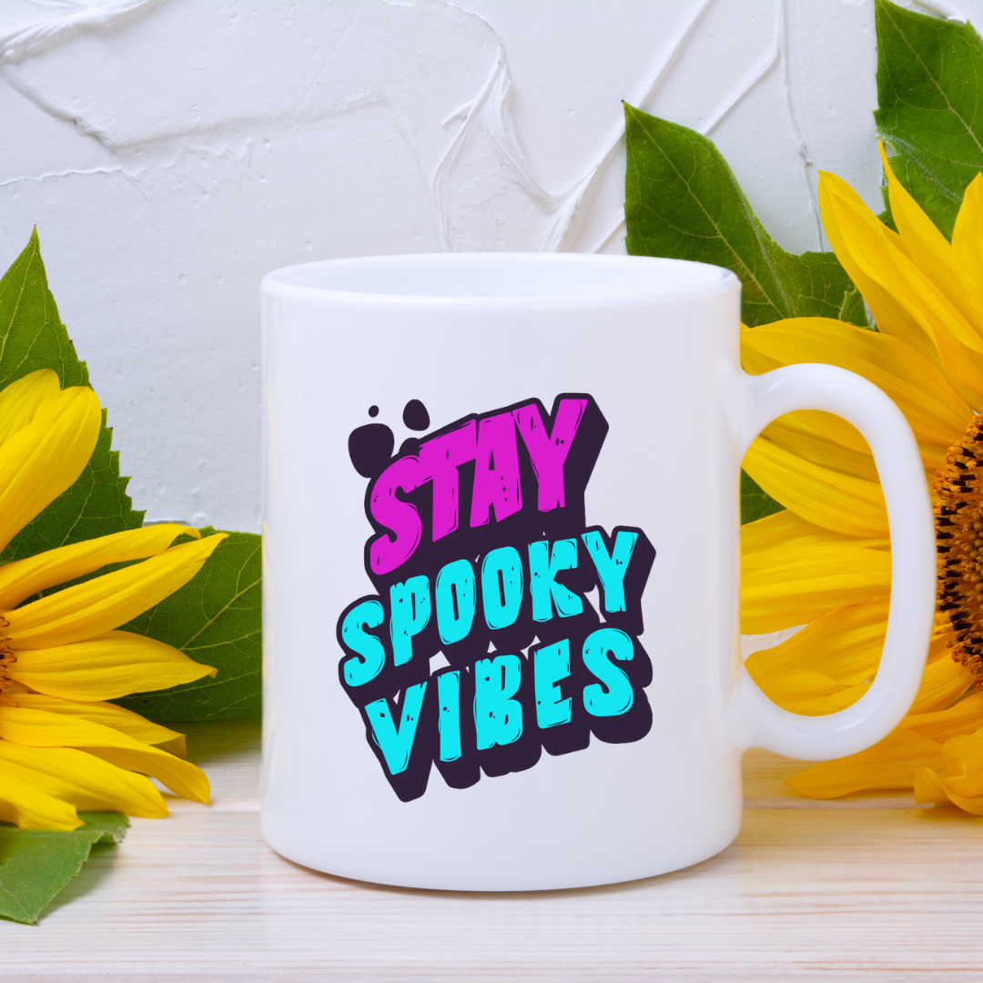 Stay Spooky Vibes – the perfect haunting mug for year-round Halloween lovers and coffee enthusiasts.