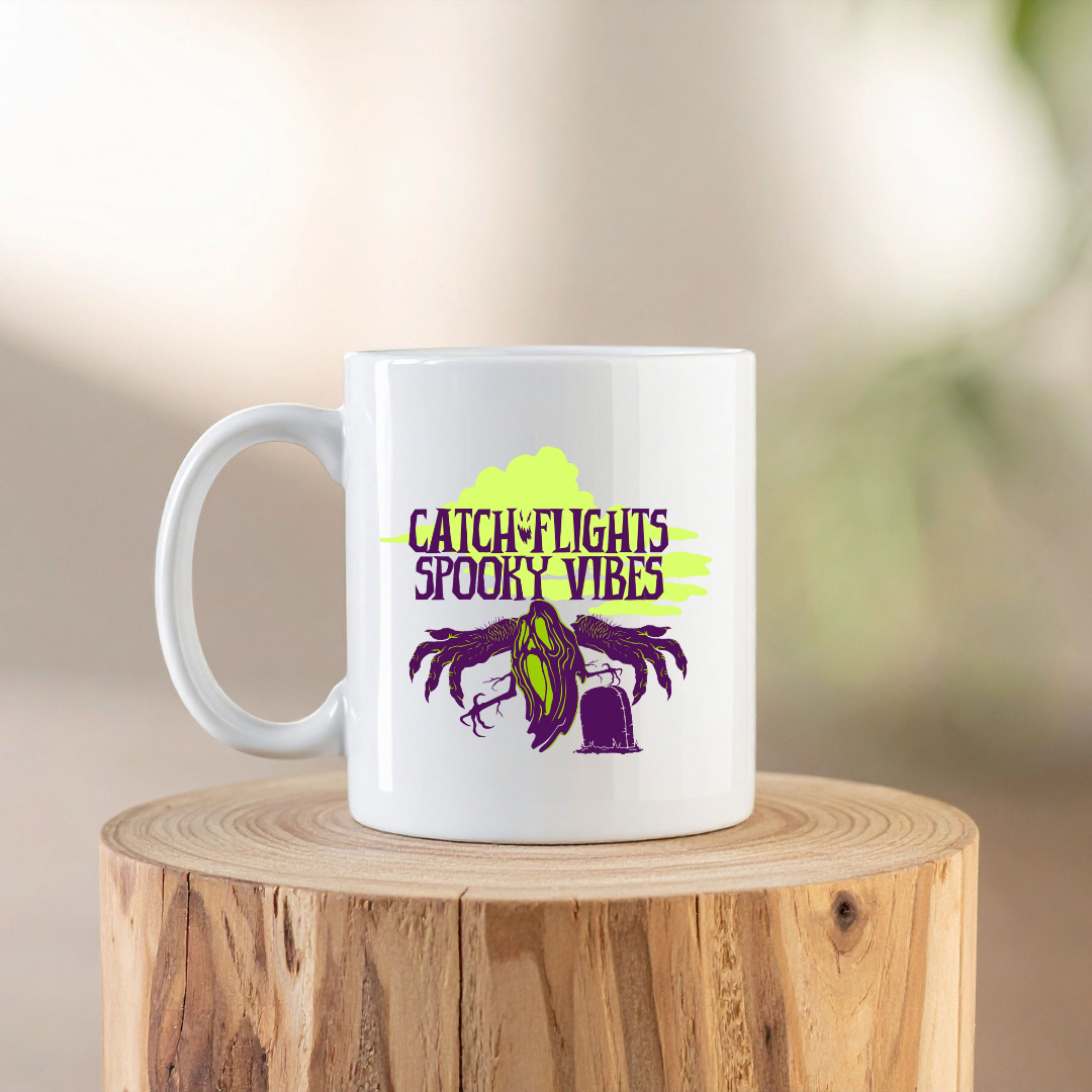 Catch Flights & Spooky Vibes – the perfect adventurous mug for travel and Halloween lovers.