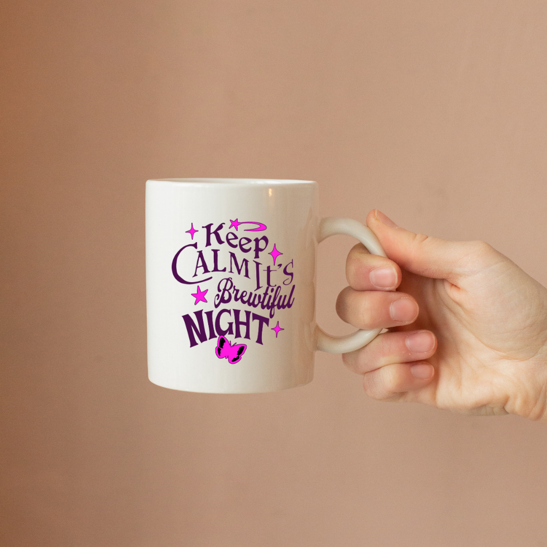 Keep Calm It's Brewtiful Night – the perfect serene mug for moonlit coffee lovers.
