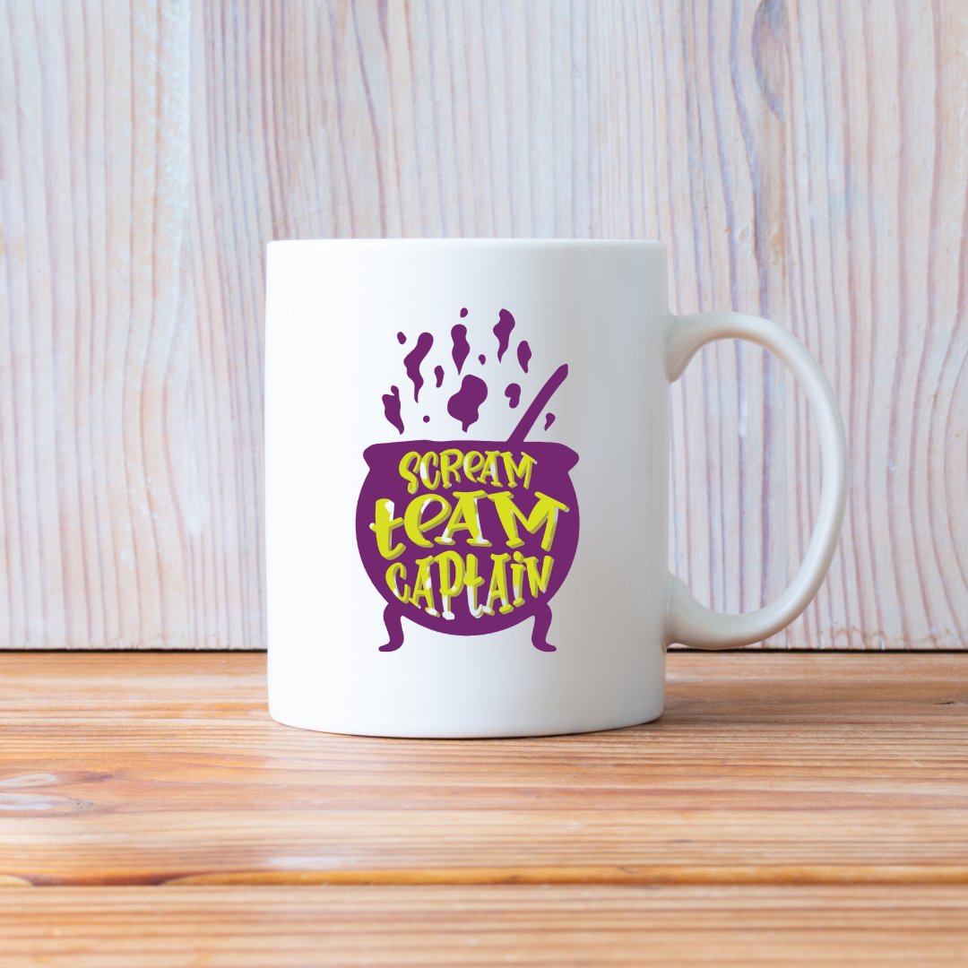 Scream Team Captain – the perfect spirited mug for horror fans and coffee lovers.