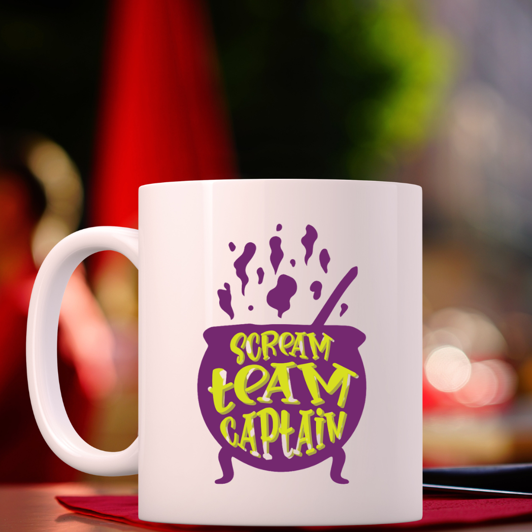 Scream Team Captain – the perfect spirited mug for horror fans and coffee lovers.