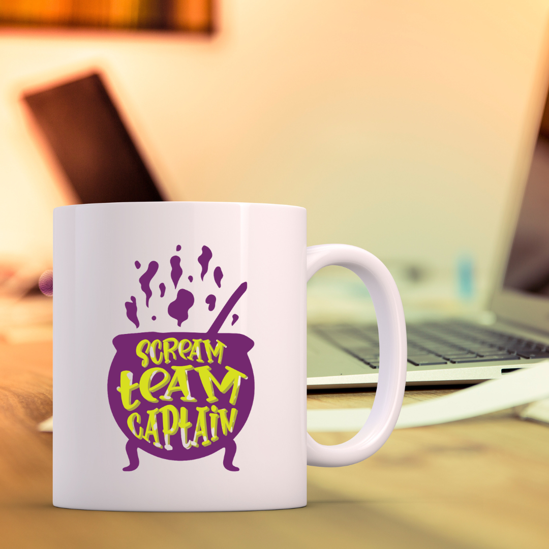 Scream Team Captain – the perfect spirited mug for horror fans and coffee lovers.