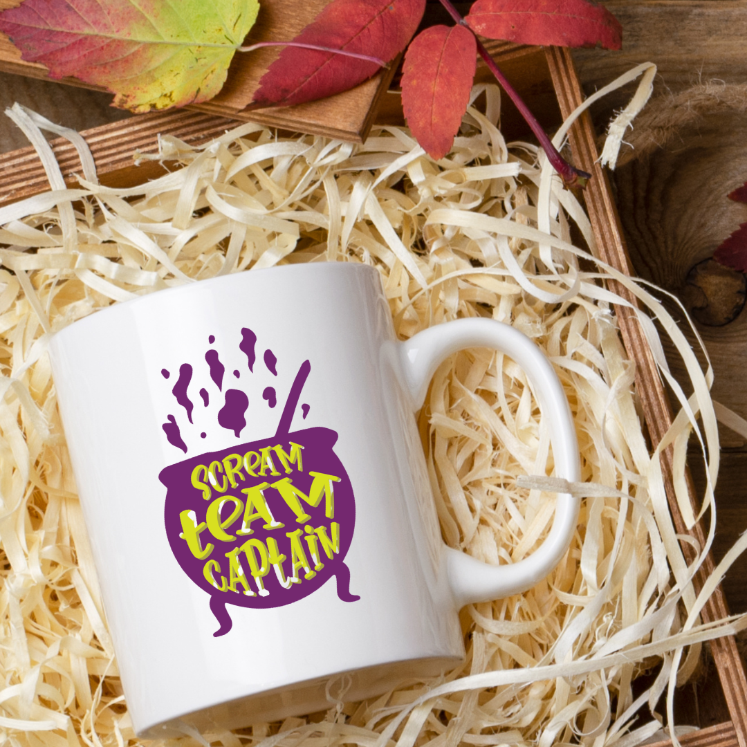 Scream Team Captain – the perfect spirited mug for horror fans and coffee lovers.