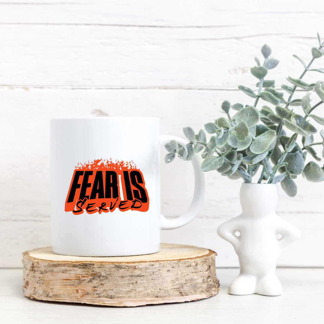 Fear Is Served – the perfect chilling mug for horror fans and coffee lovers.