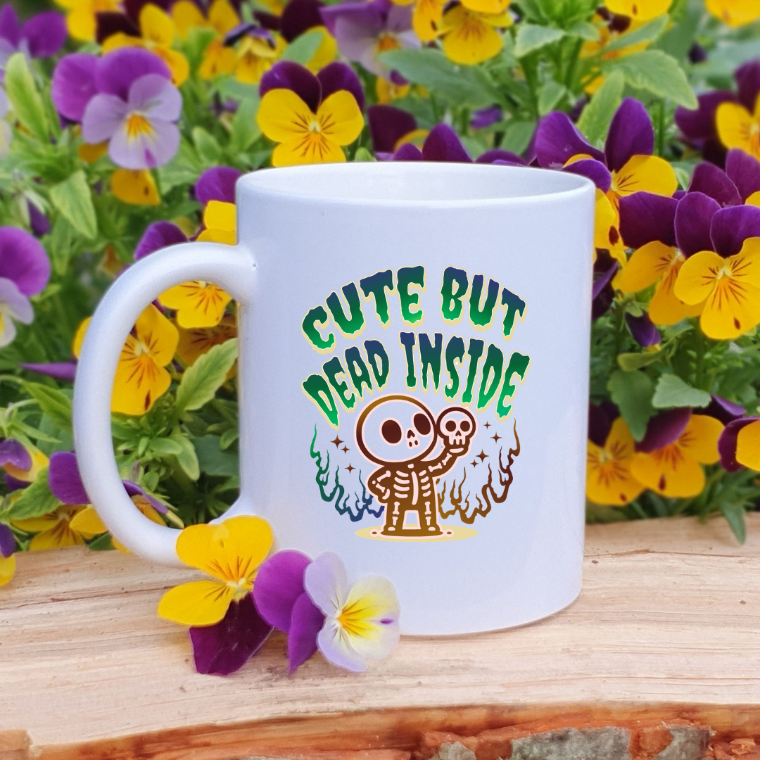Cute But Dead Inside – the perfect relatable mug for dark humor lovers and coffee enthusiasts.