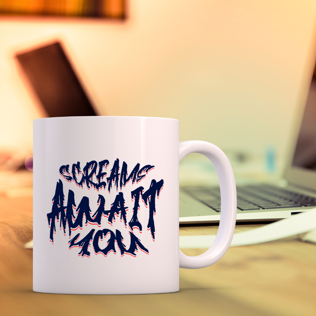 Screams Await You – the perfect chilling mug for thrill-seekers and coffee lovers.