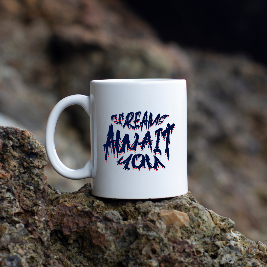 Screams Await You – the perfect chilling mug for thrill-seekers and coffee lovers.