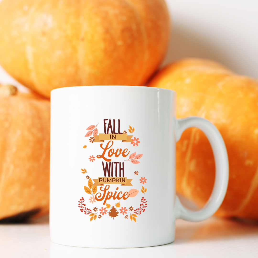 Fall In Love With Pumpkin Spice – the perfect cozy mug for autumn romance and coffee lovers.
