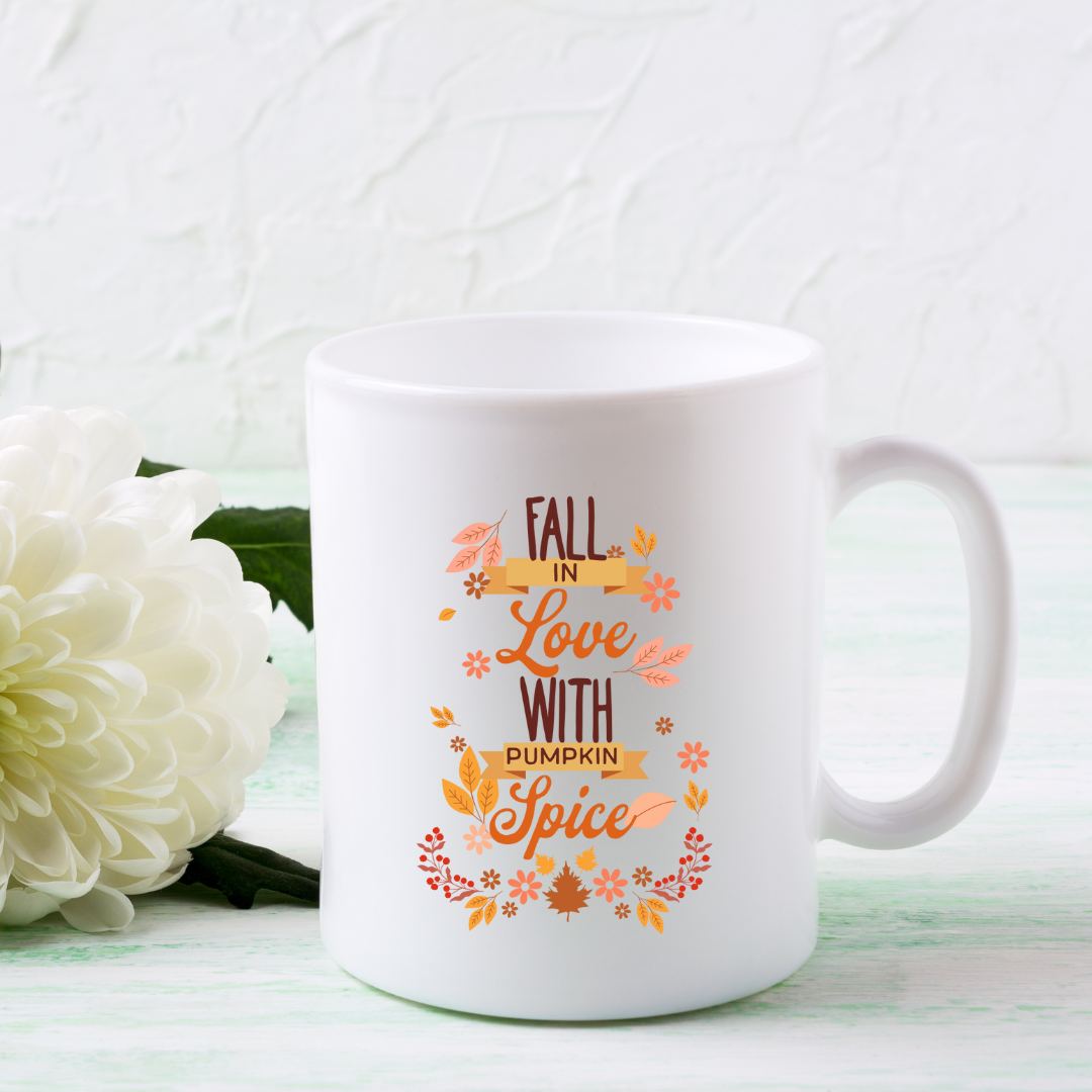 Fall In Love With Pumpkin Spice – the perfect cozy mug for autumn romance and coffee lovers.