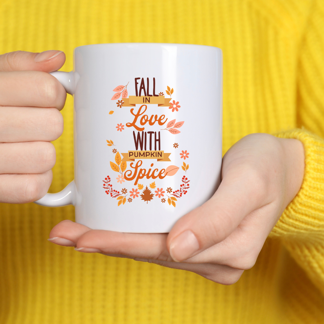 Fall In Love With Pumpkin Spice – the perfect cozy mug for autumn romance and coffee lovers.