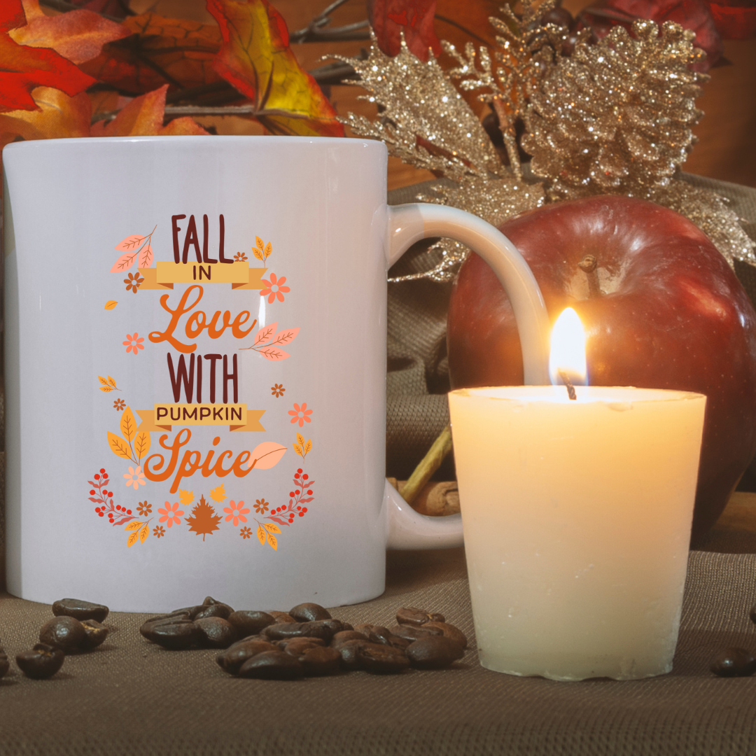 Fall In Love With Pumpkin Spice – the perfect cozy mug for autumn romance and coffee lovers.