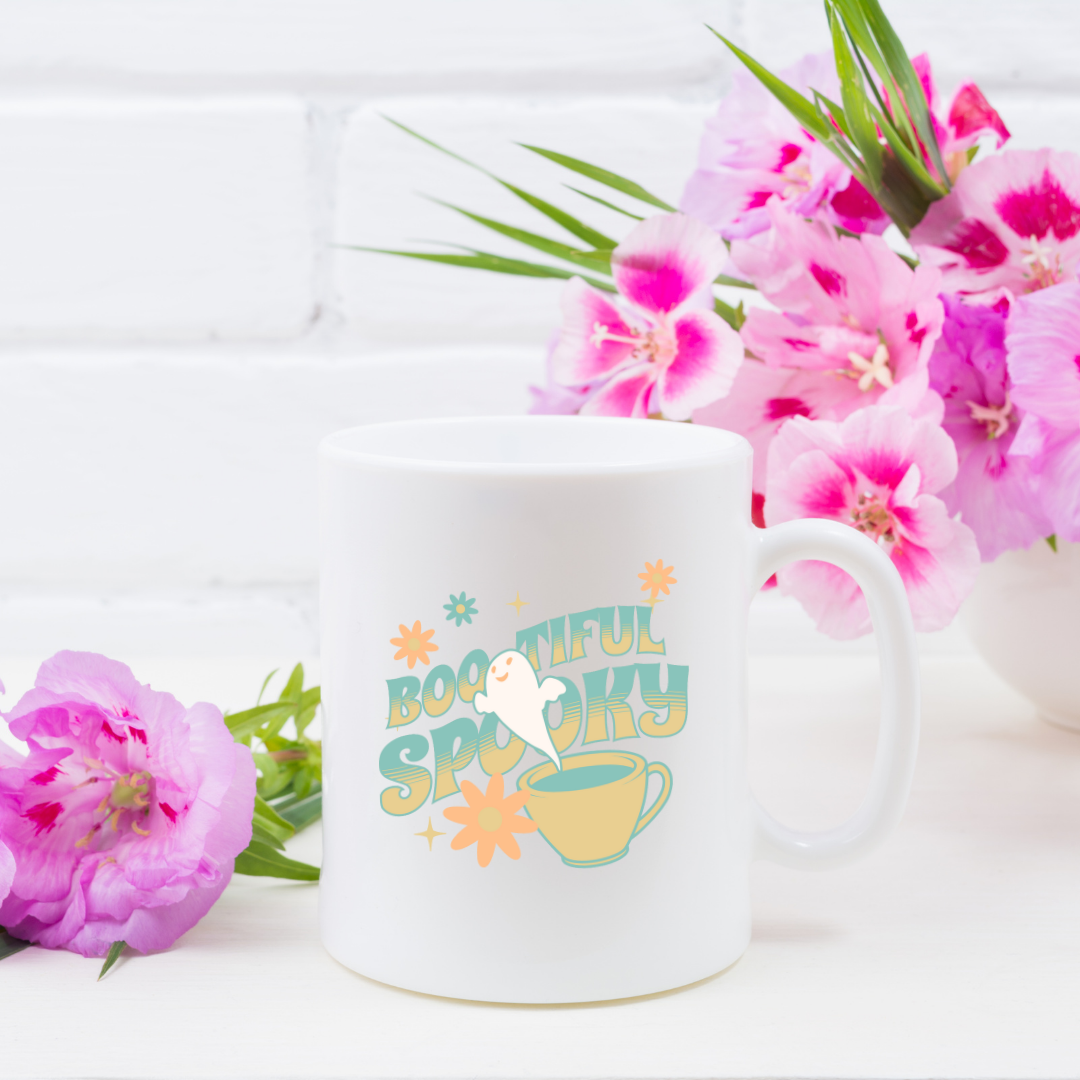 Bootiful Spooky – the perfect playful mug for Halloween lovers and coffee enthusiasts.