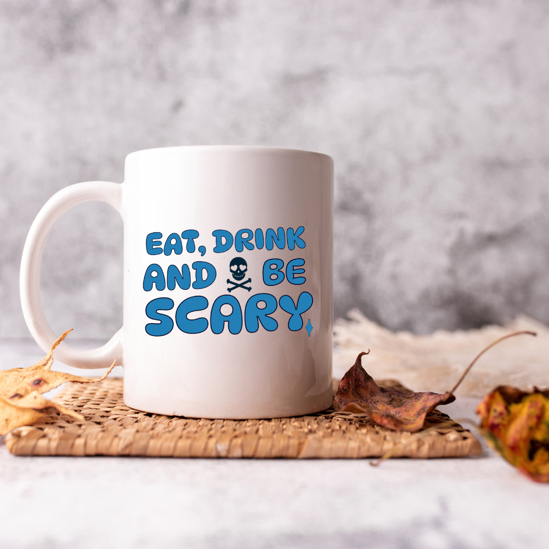 Eat Drink and be Scary – the perfect playful mug for Halloween lovers and coffee enthusiasts.