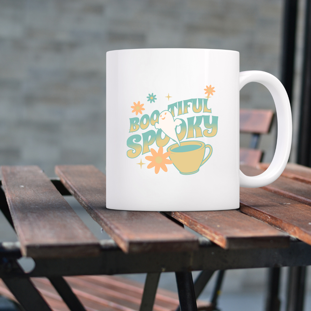 Bootiful Spooky – the perfect playful mug for Halloween lovers and coffee enthusiasts.