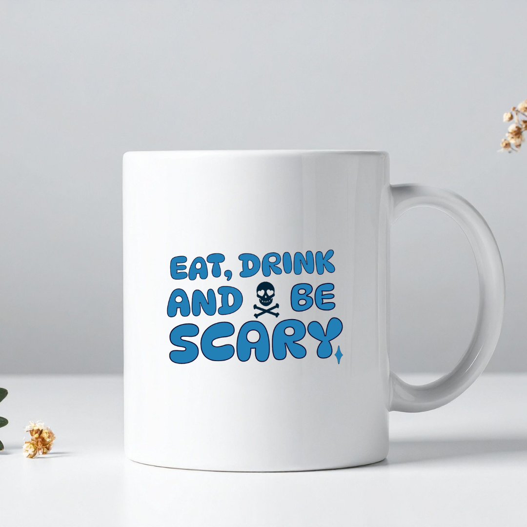 Eat Drink and be Scary – the perfect playful mug for Halloween lovers and coffee enthusiasts.