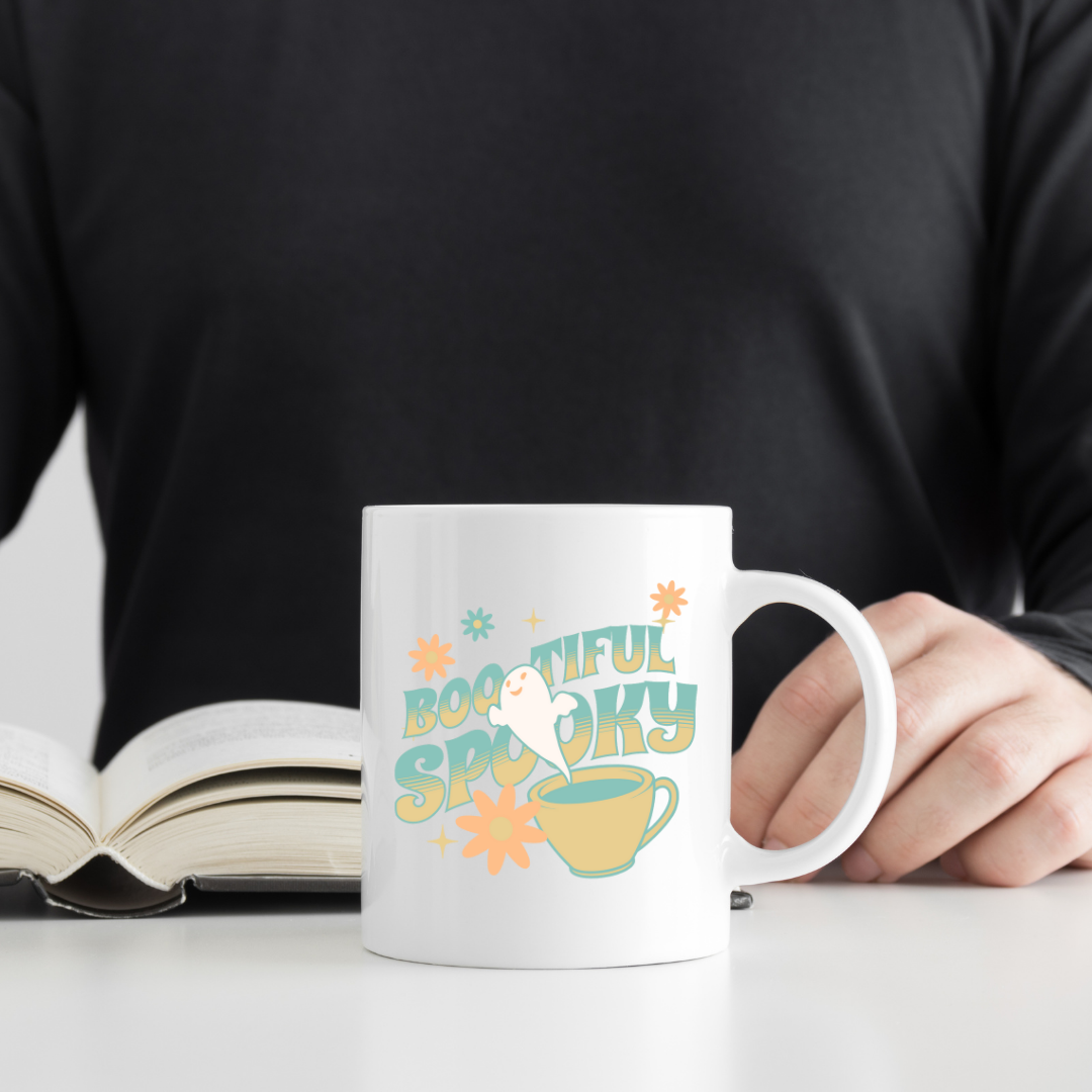 Bootiful Spooky – the perfect playful mug for Halloween lovers and coffee enthusiasts.
