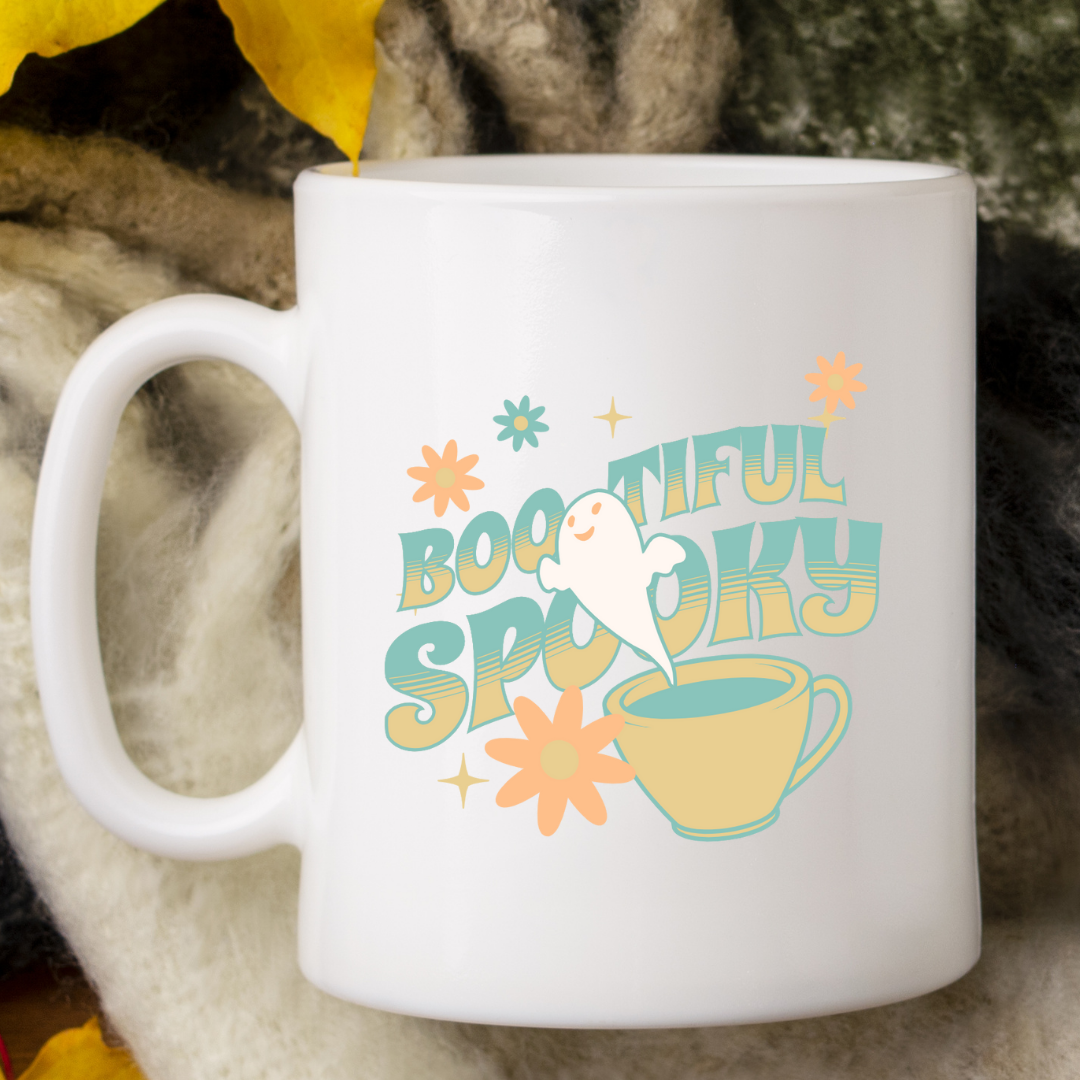 Bootiful Spooky – the perfect playful mug for Halloween lovers and coffee enthusiasts.