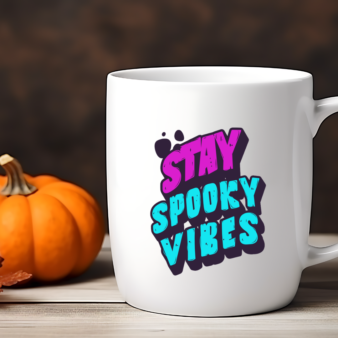 Stay Spooky Vibes – the perfect haunting mug for year-round Halloween lovers and coffee enthusiasts.