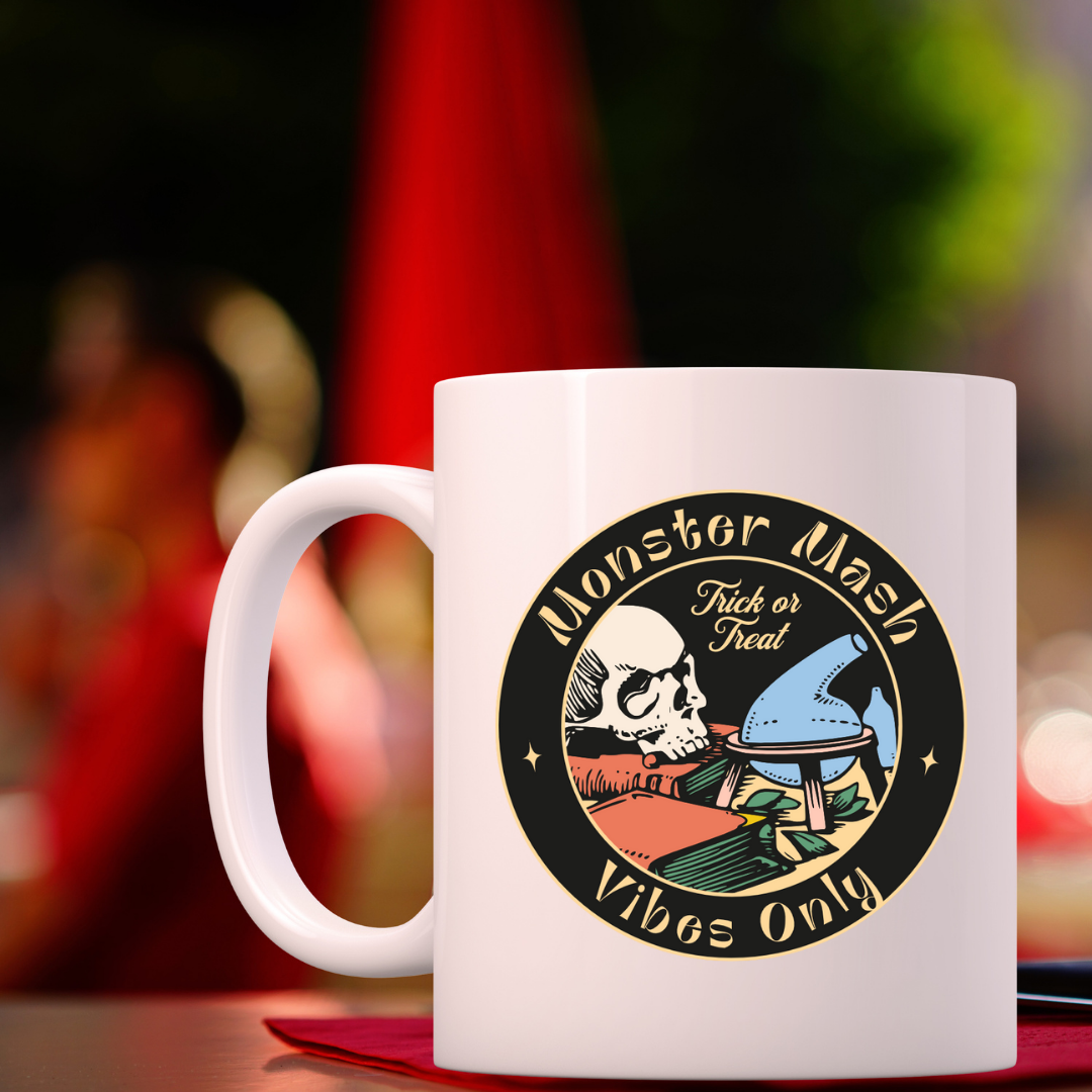 Monster Mash Vibes Only – the perfect festive mug for Halloween party lovers and coffee enthusiasts.
