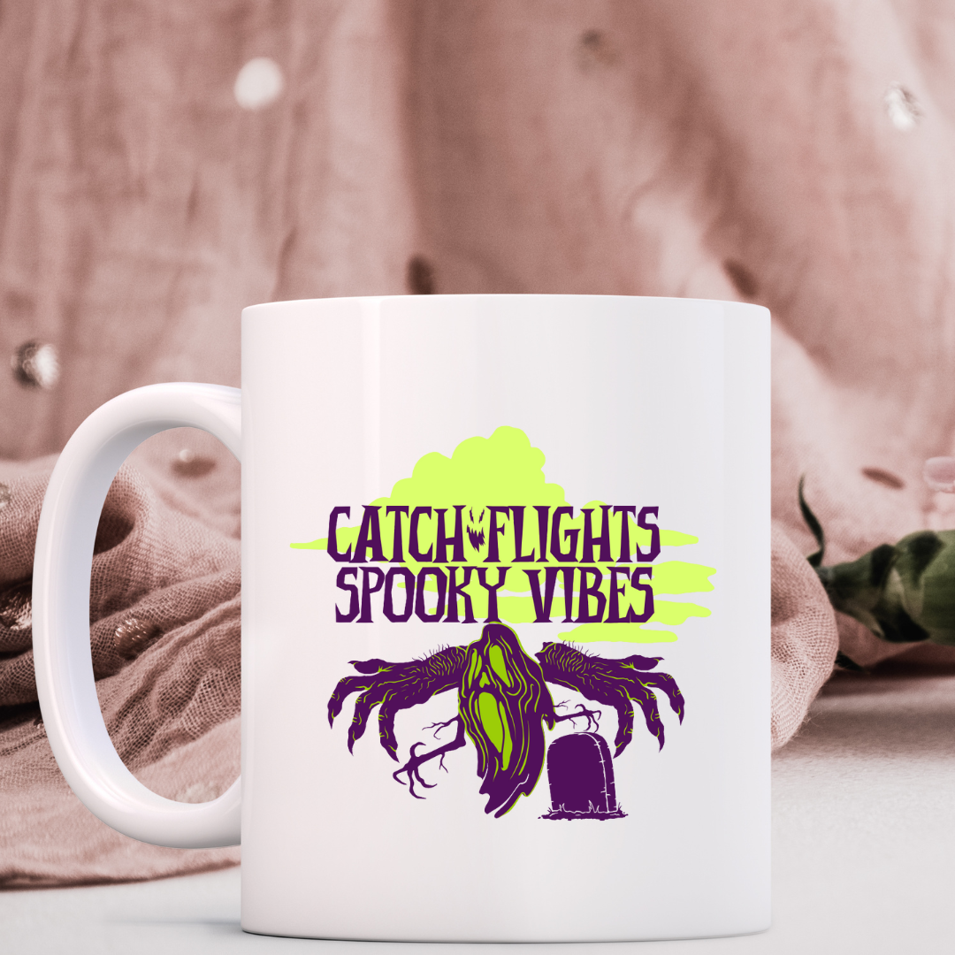 Catch Flights & Spooky Vibes – the perfect adventurous mug for travel and Halloween lovers.