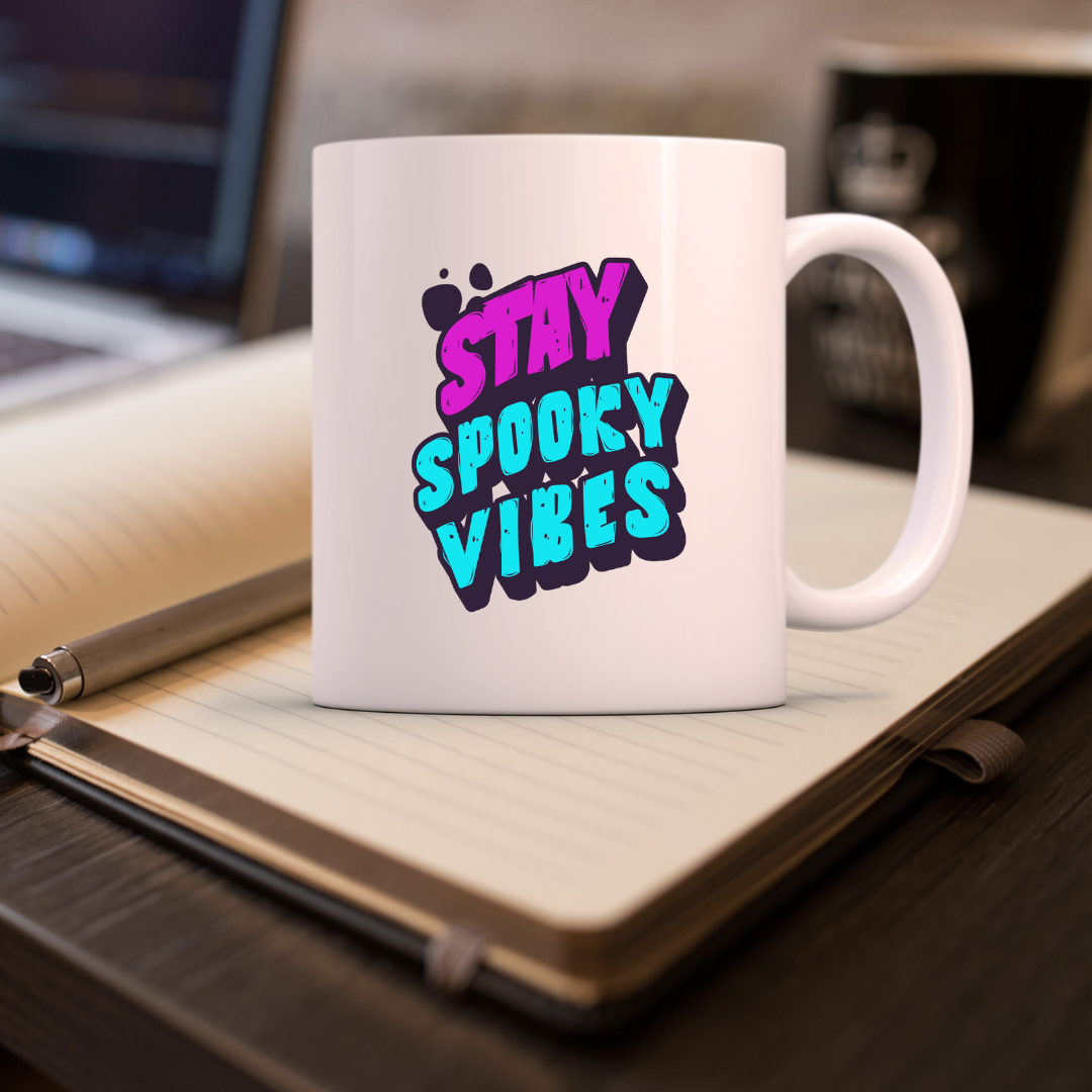 Stay Spooky Vibes – the perfect haunting mug for year-round Halloween lovers and coffee enthusiasts.