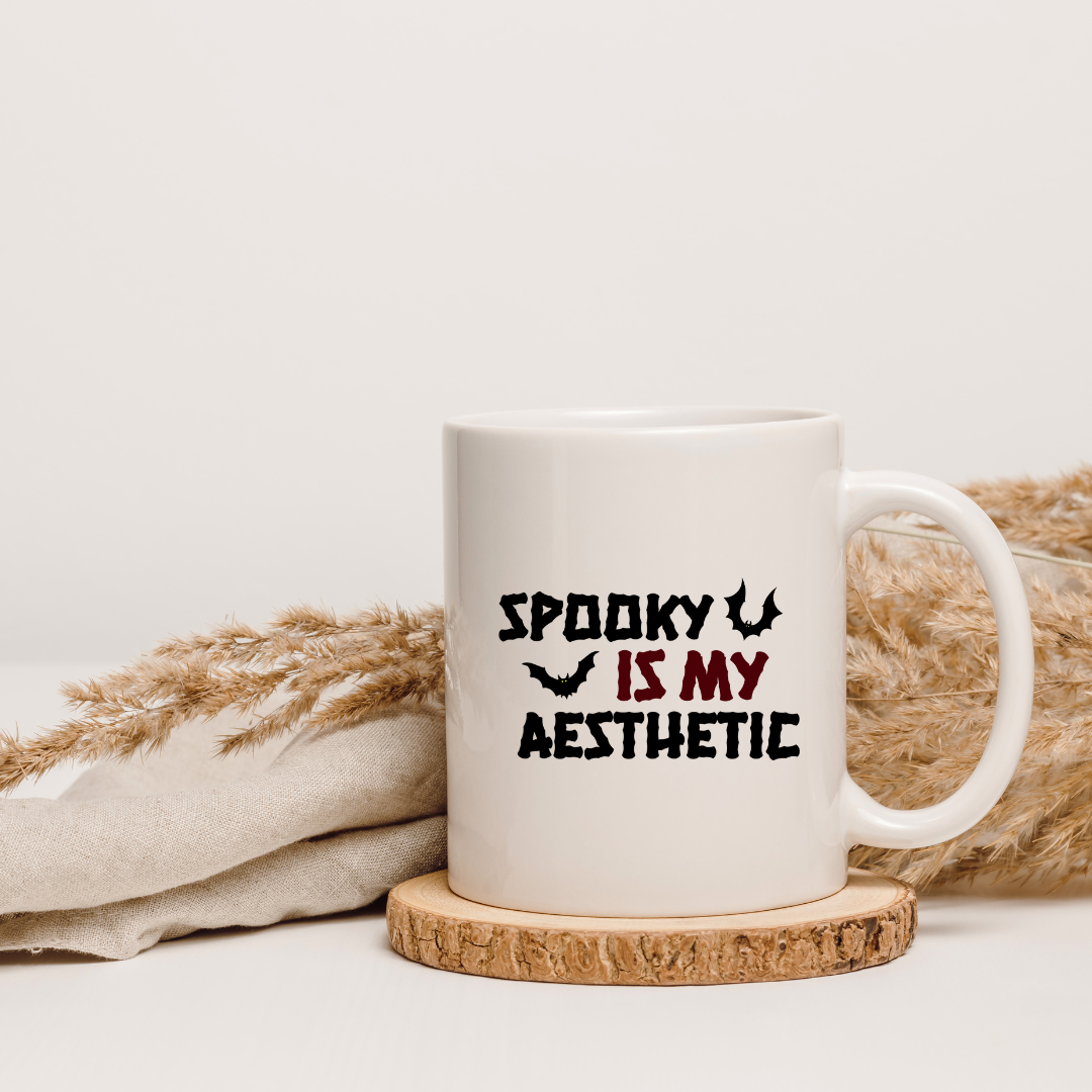 Spooky Is My Aesthetic – the perfect haunting mug for eternal Halloween lovers and coffee enthusiasts.