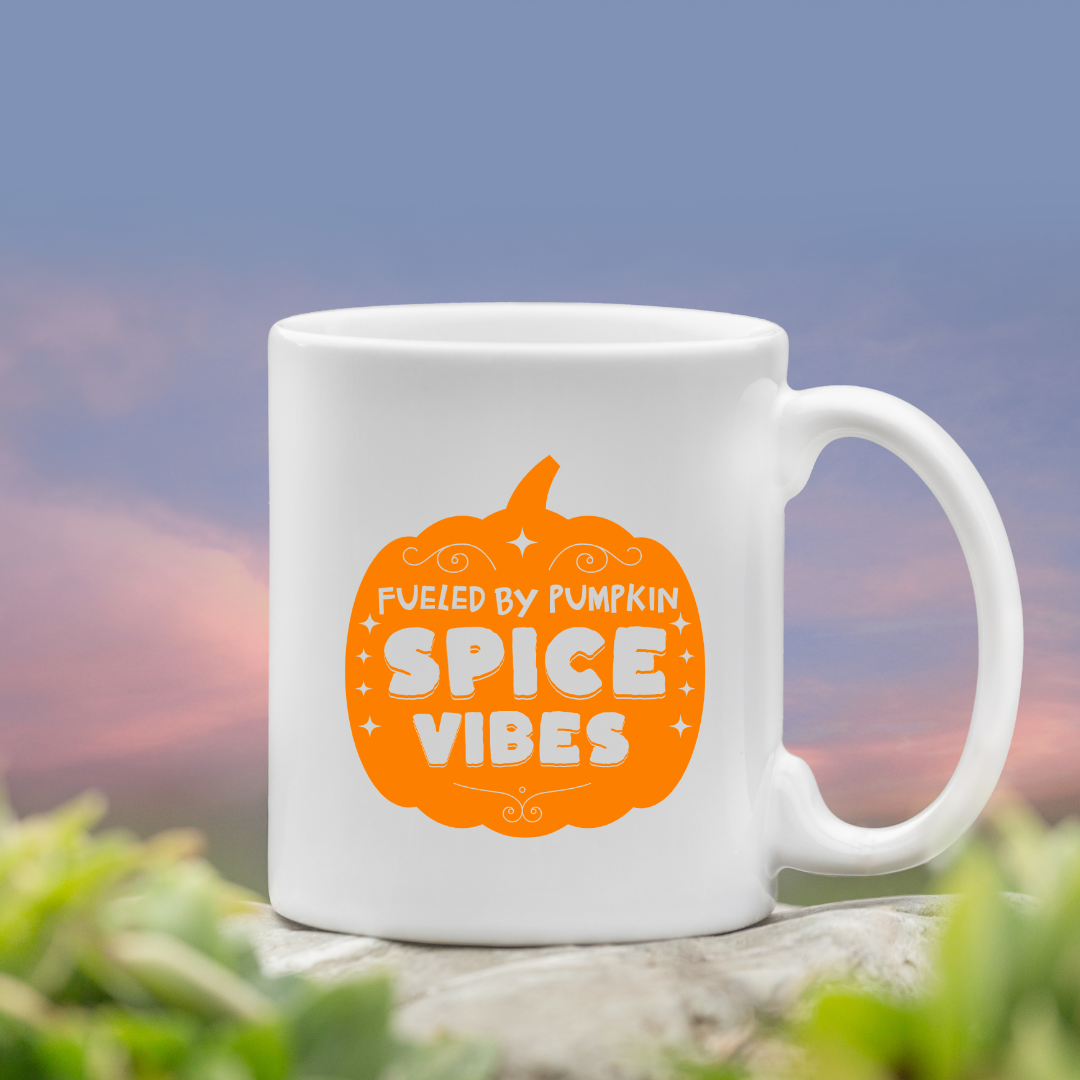 Fueled by Pumpkin Spice Vibes – the perfect autumn mug for seasonal coffee lovers.