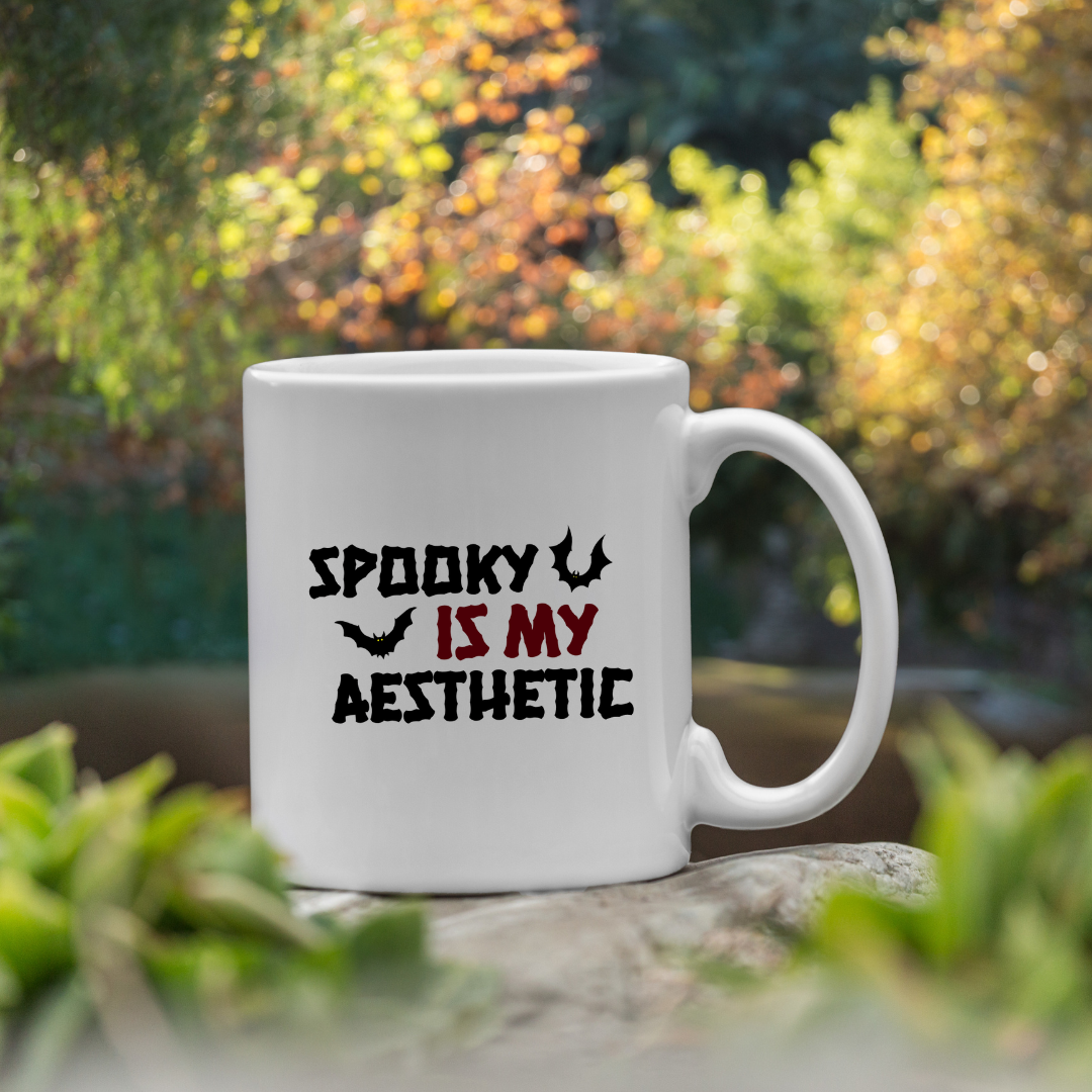 Spooky Is My Aesthetic – the perfect haunting mug for eternal Halloween lovers and coffee enthusiasts.