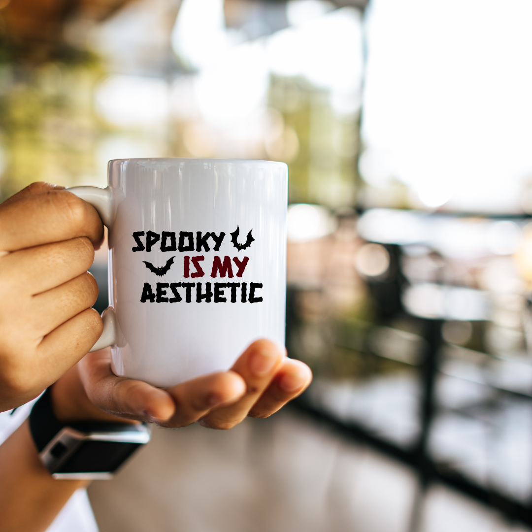 Spooky Is My Aesthetic – the perfect haunting mug for eternal Halloween lovers and coffee enthusiasts.