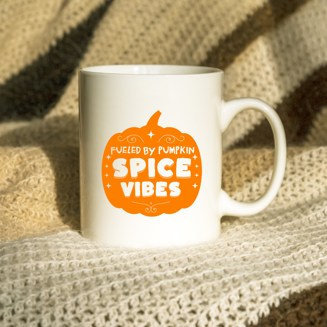 Fueled by Pumpkin Spice Vibes – the perfect autumn mug for seasonal coffee lovers.