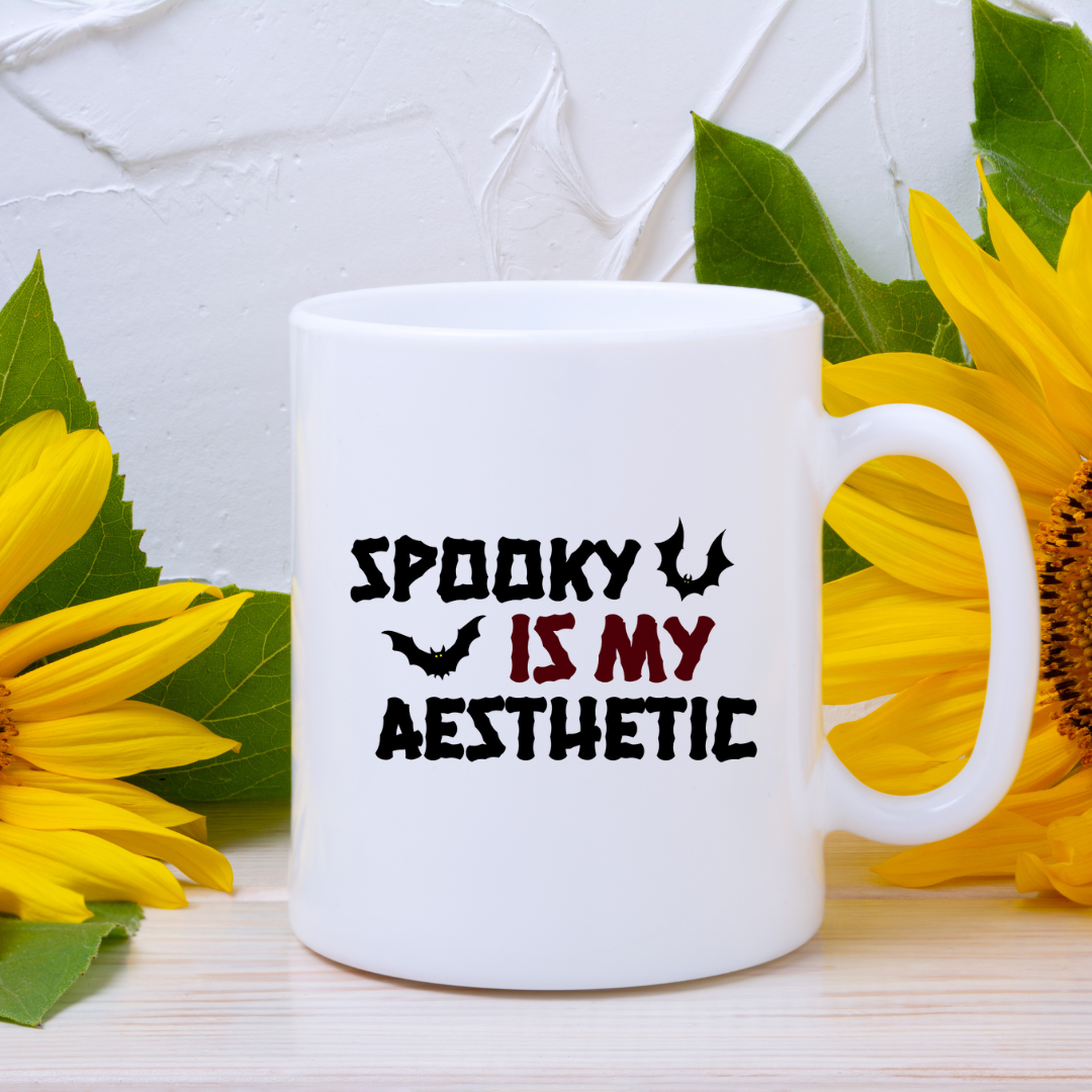 Spooky Is My Aesthetic – the perfect haunting mug for eternal Halloween lovers and coffee enthusiasts.