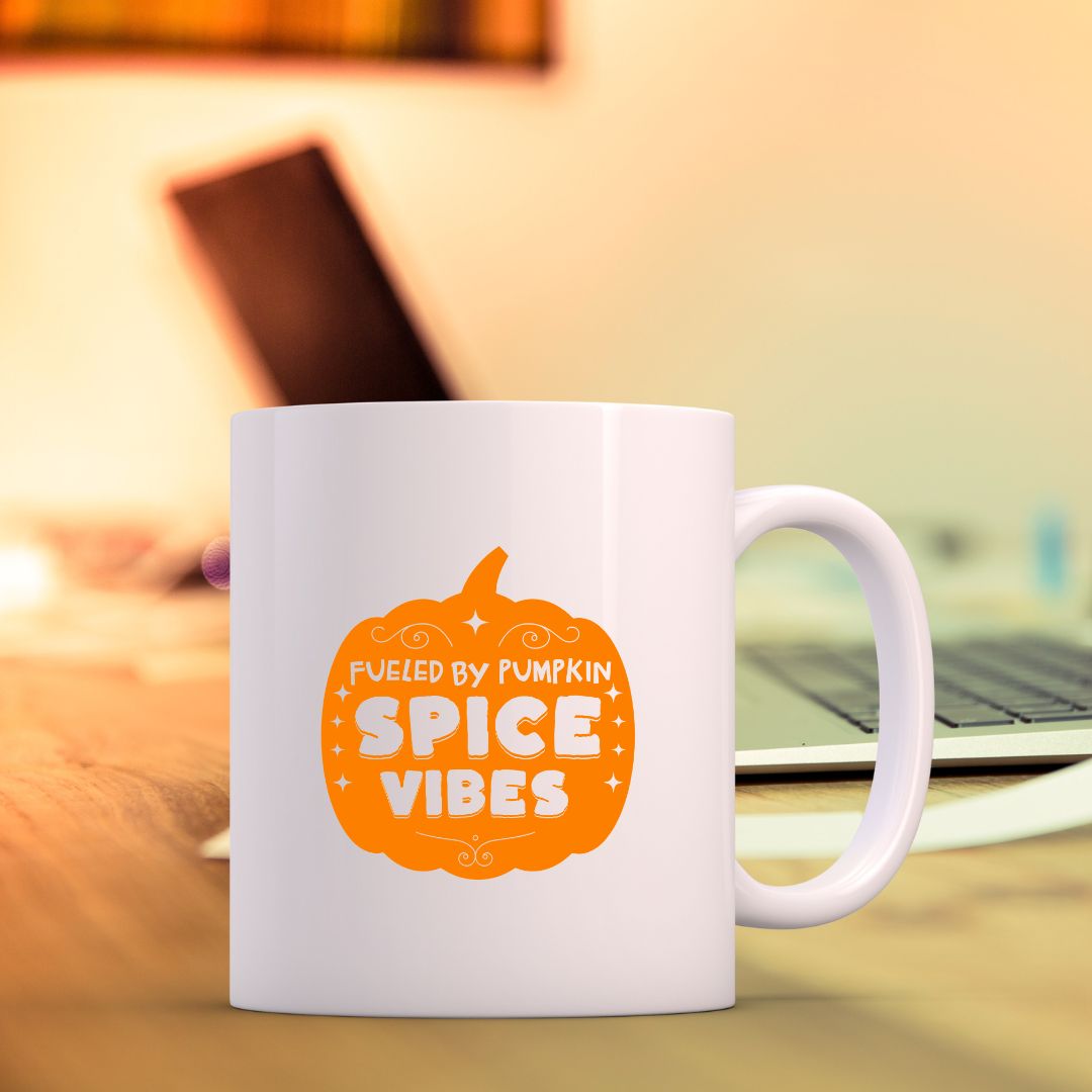 Fueled by Pumpkin Spice Vibes – the perfect autumn mug for seasonal coffee lovers.