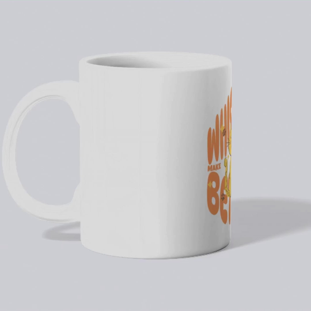 Whiskers Make Everything Better – the perfect heartwarming mug for cat lovers and coffee enthusiasts.