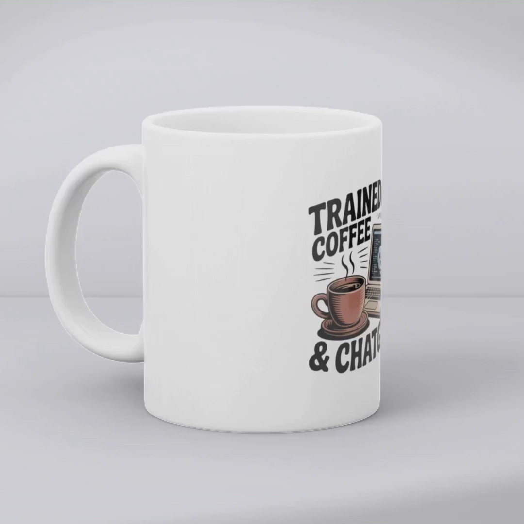 Trained on Coffee and ChatGPT – the perfect AI-enthusiast mug for tech and brew lovers.